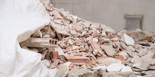 Pile of broken bricks, tiles, and demolition rubble